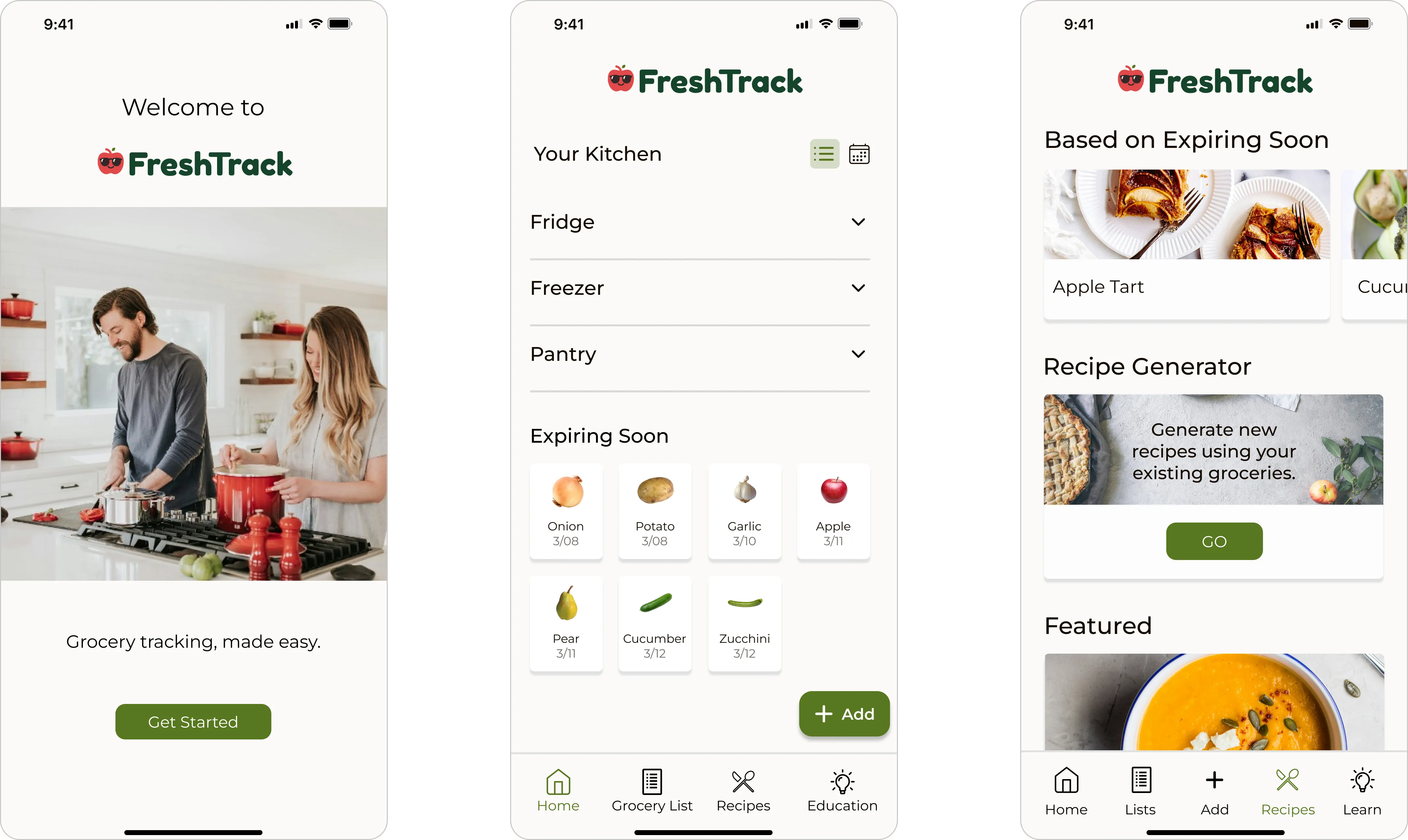 FreshTrack inventory, expiration tracker and recipe screens