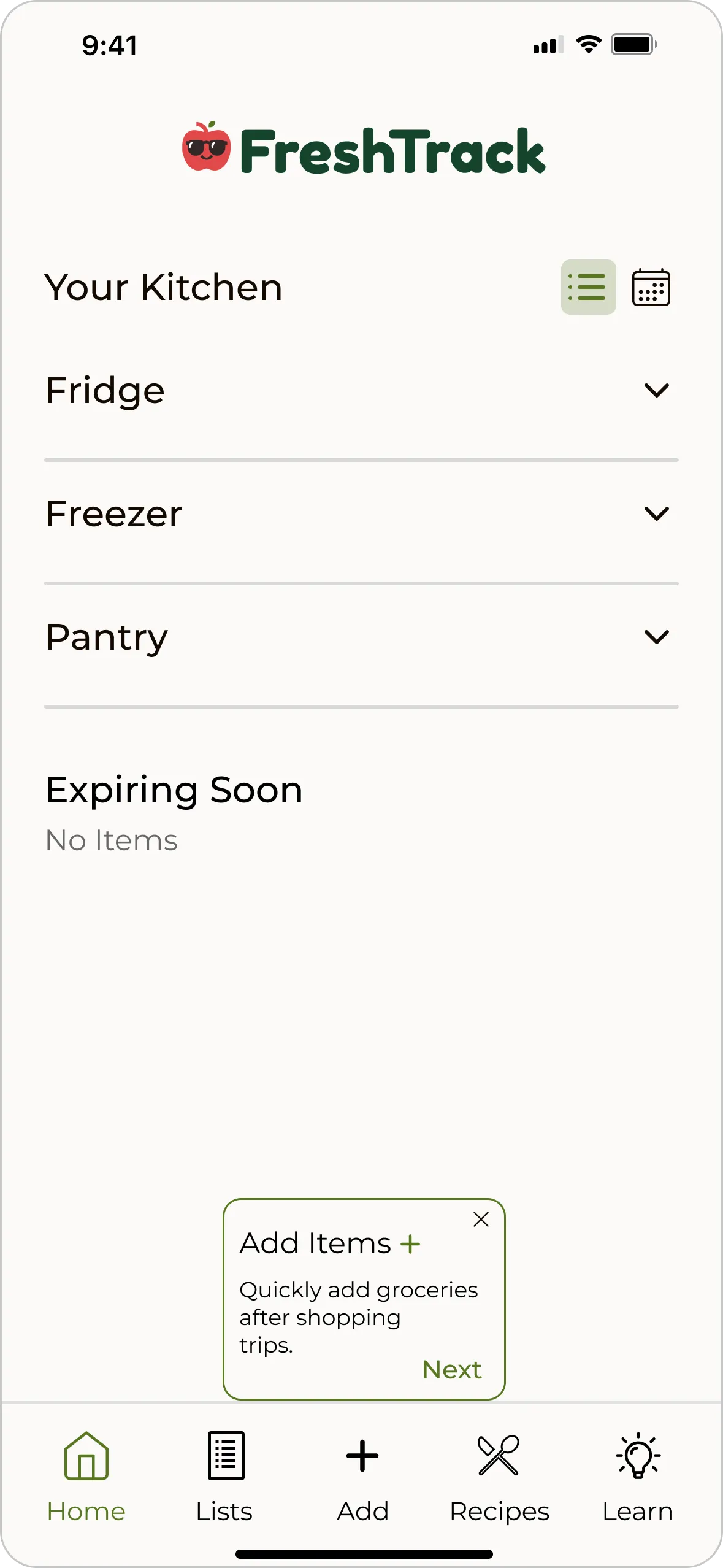 After, onboarding that explains how to add items