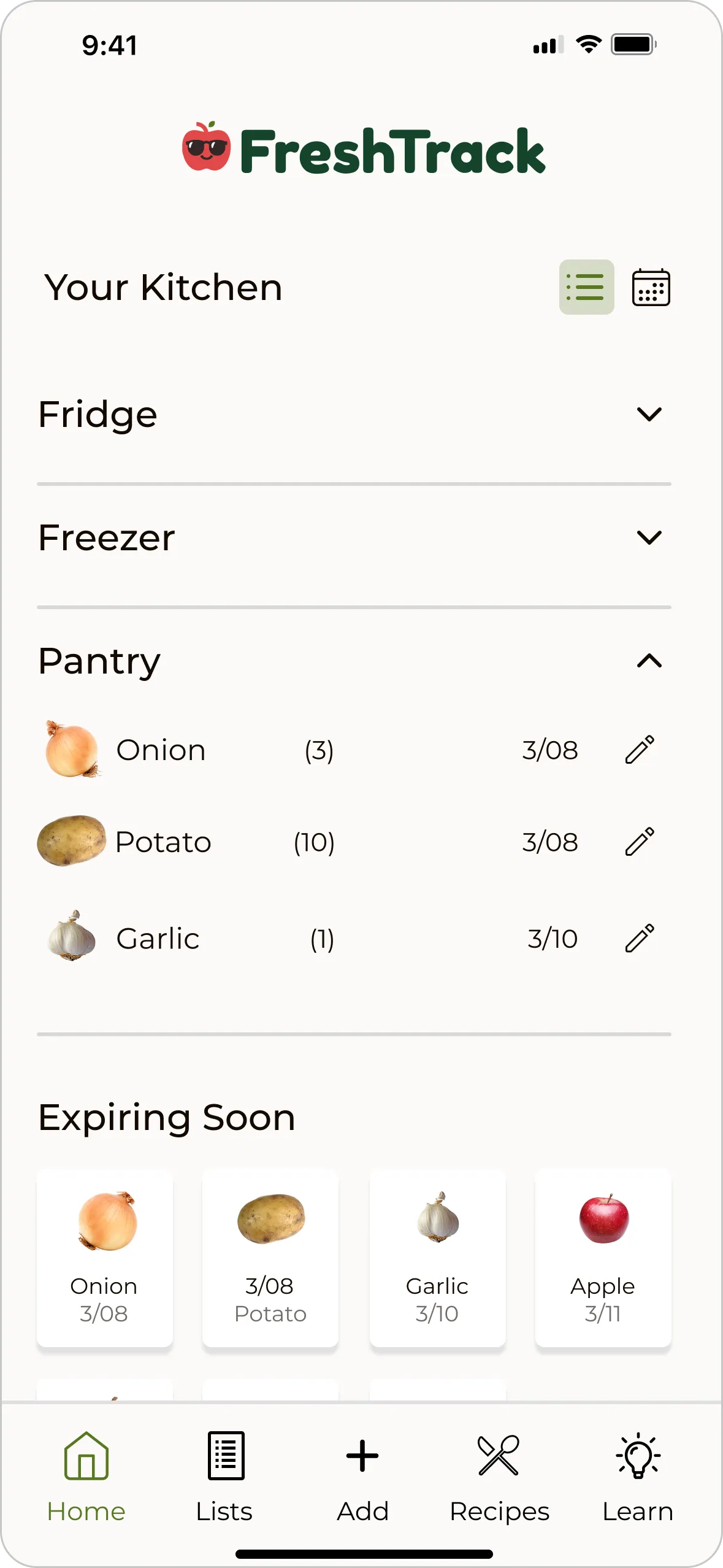 After, expiration tracker on the homepage