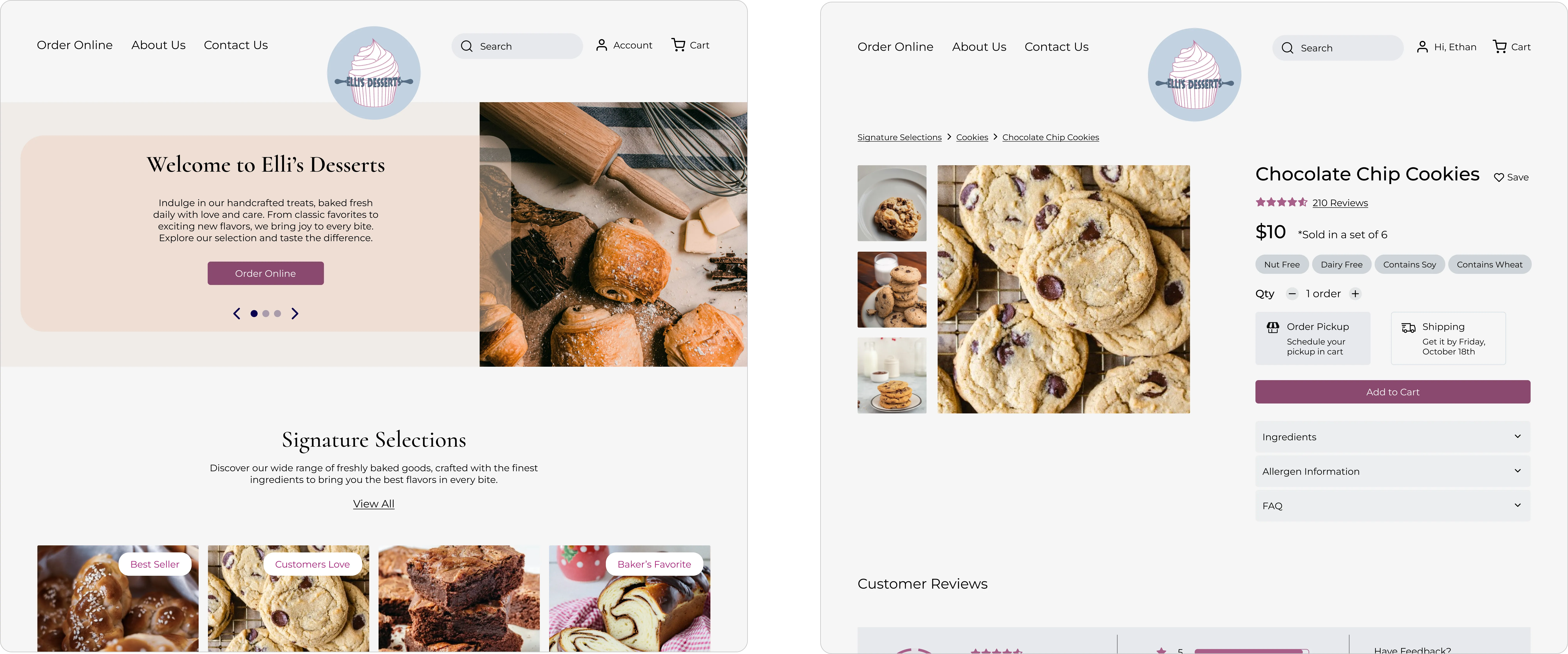 Elli's Desserts homepage, product page and checkout screens